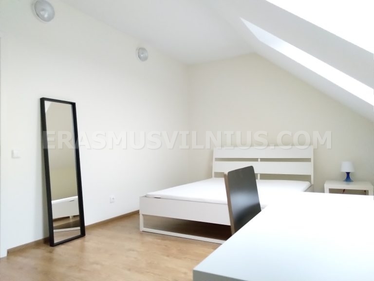 Muebles de la habitación — cama king size, escritorio y armario en alojamiento Erasmus